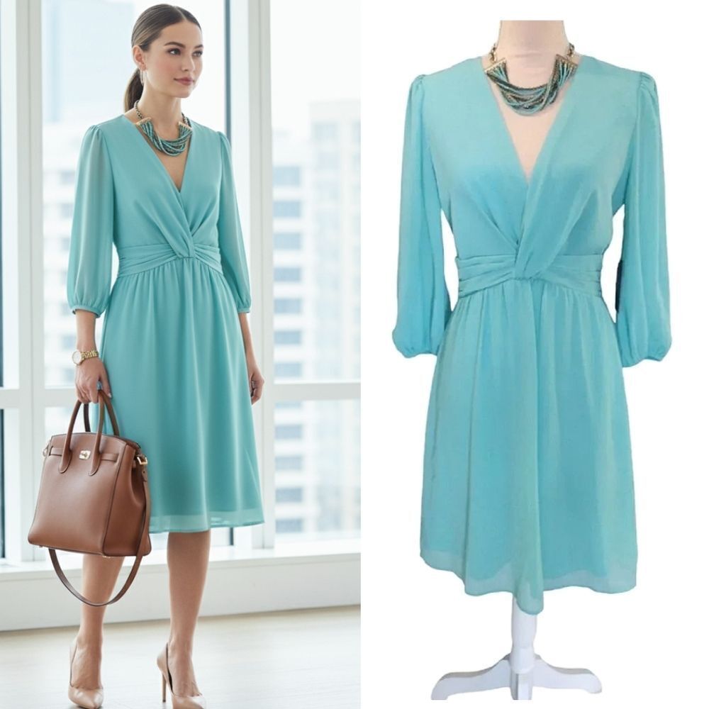 Vince Camuto Turquoise Chiffon Twist Front Balloon Sleeve Dress SZ 4 NWT